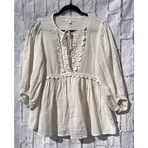 Max Studio Women's Boho Crochet Keyhole Empire Waist Babydoll Peasant Blouse M